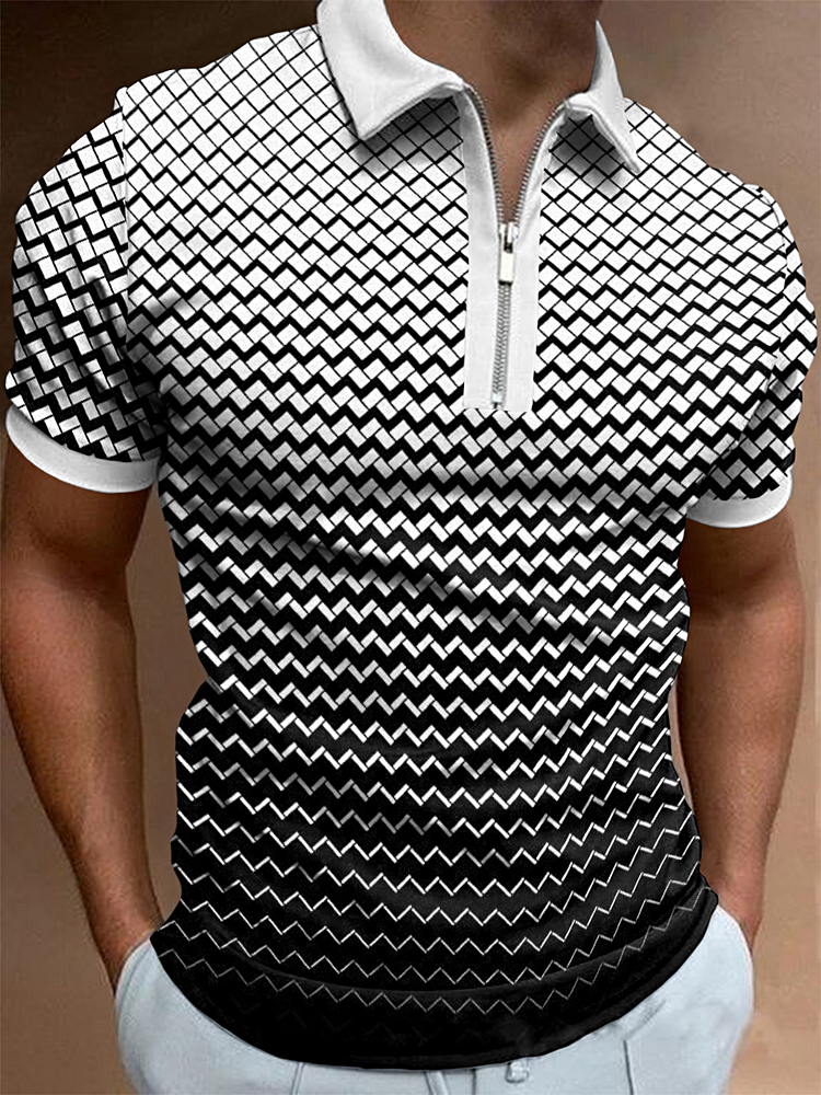 Fashion Black and white casual geometric printed polo shirt