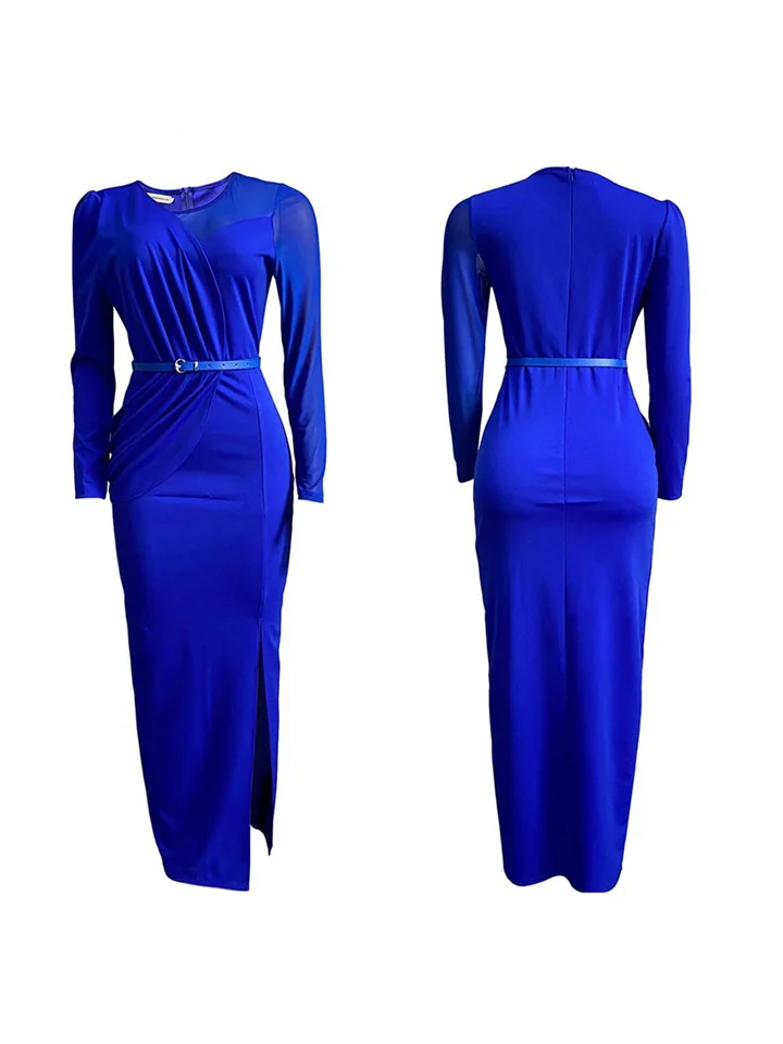 Solid Color Plus Size Round Neck Long Sleeve High Waist Long Dress Women's Mesh Splicing Dress Zipper Long Dress Dresses