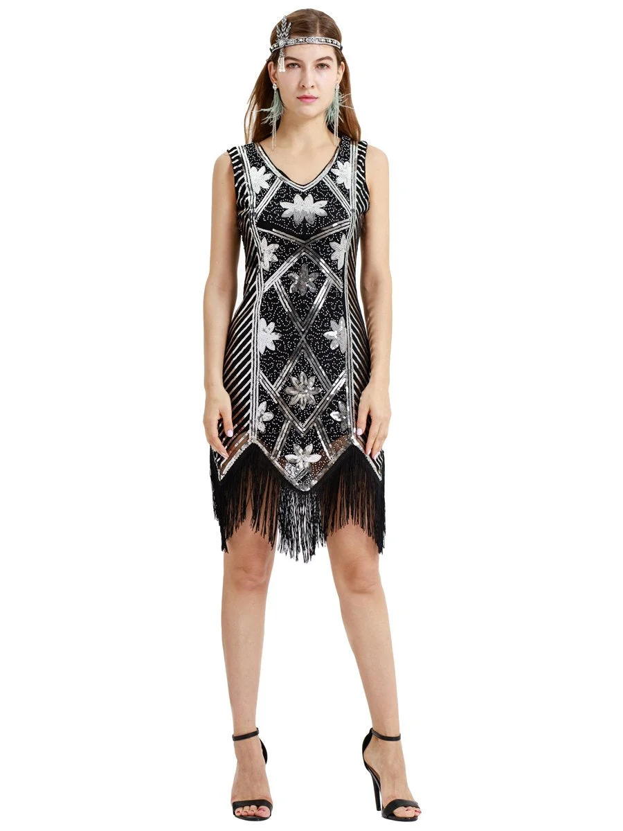 V-neck modern cocktail party fashion retro one-piece sequined fringed dress