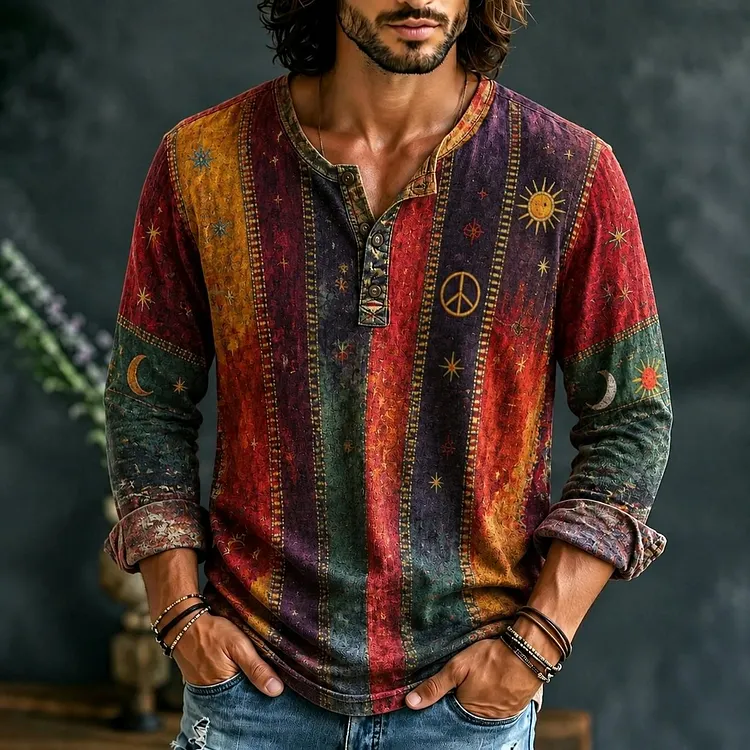 Men's Vintage Patchwork Peace Sign Sun Moon Star Art Print Henley Neck T-shirt