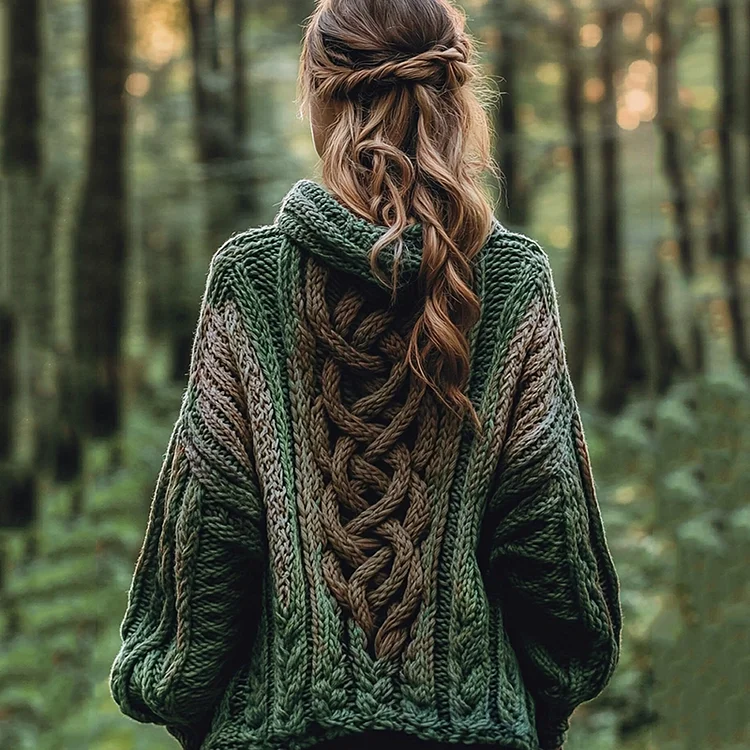 Women's Gradient Celtic Knot Retro Chunky Knit Hooded Cardigan