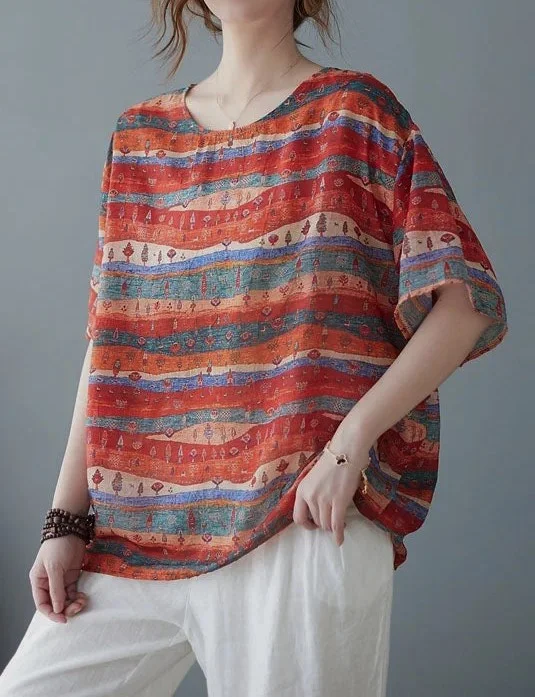 Art Red O Neck Print Patchwork Linen T Shirt Tops Short Sleeve