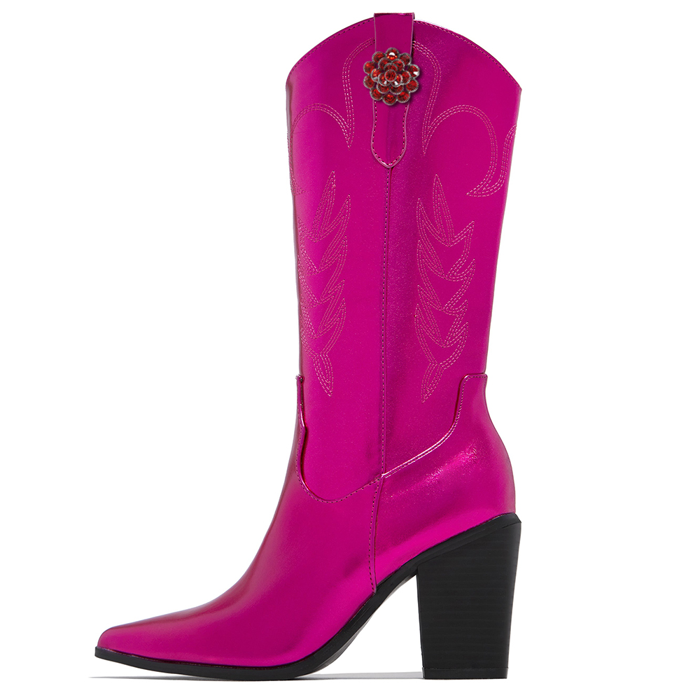 Fuchsia Patent Leather Knee High Cowgirl Boots Rhinestone Flower Chunky Heel Boots