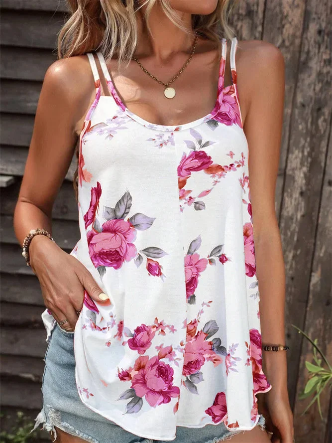 Women plus size clothing Women's Floral Printed Sleeveless Scoop Neck Suspenders T-shirt-Nordswear