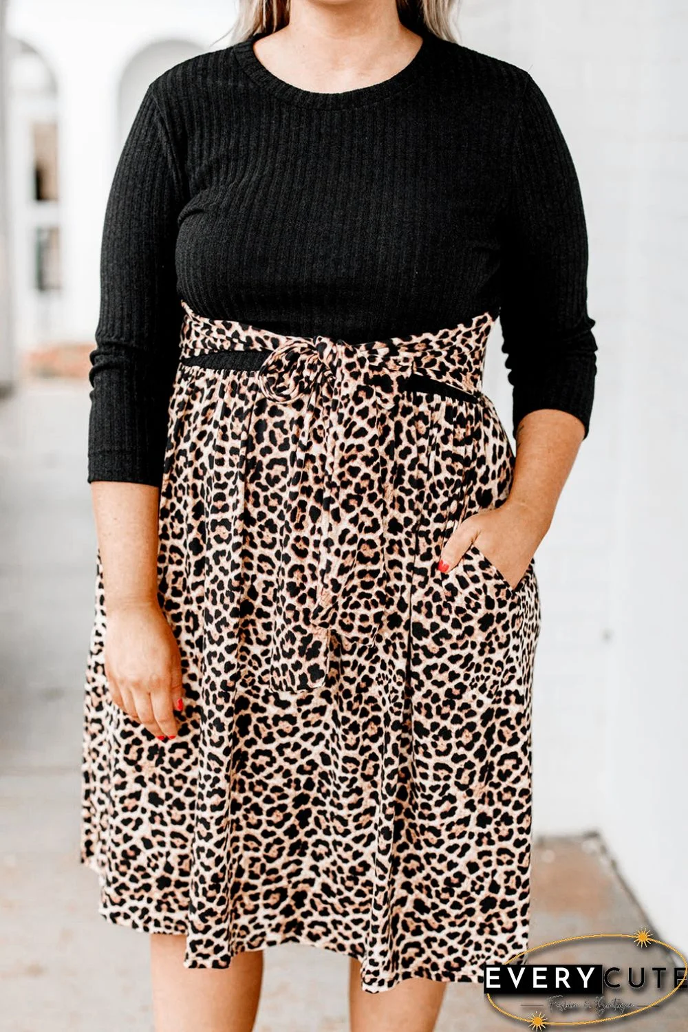 Ribbed Knit Leopard Plus Size Midi Dress