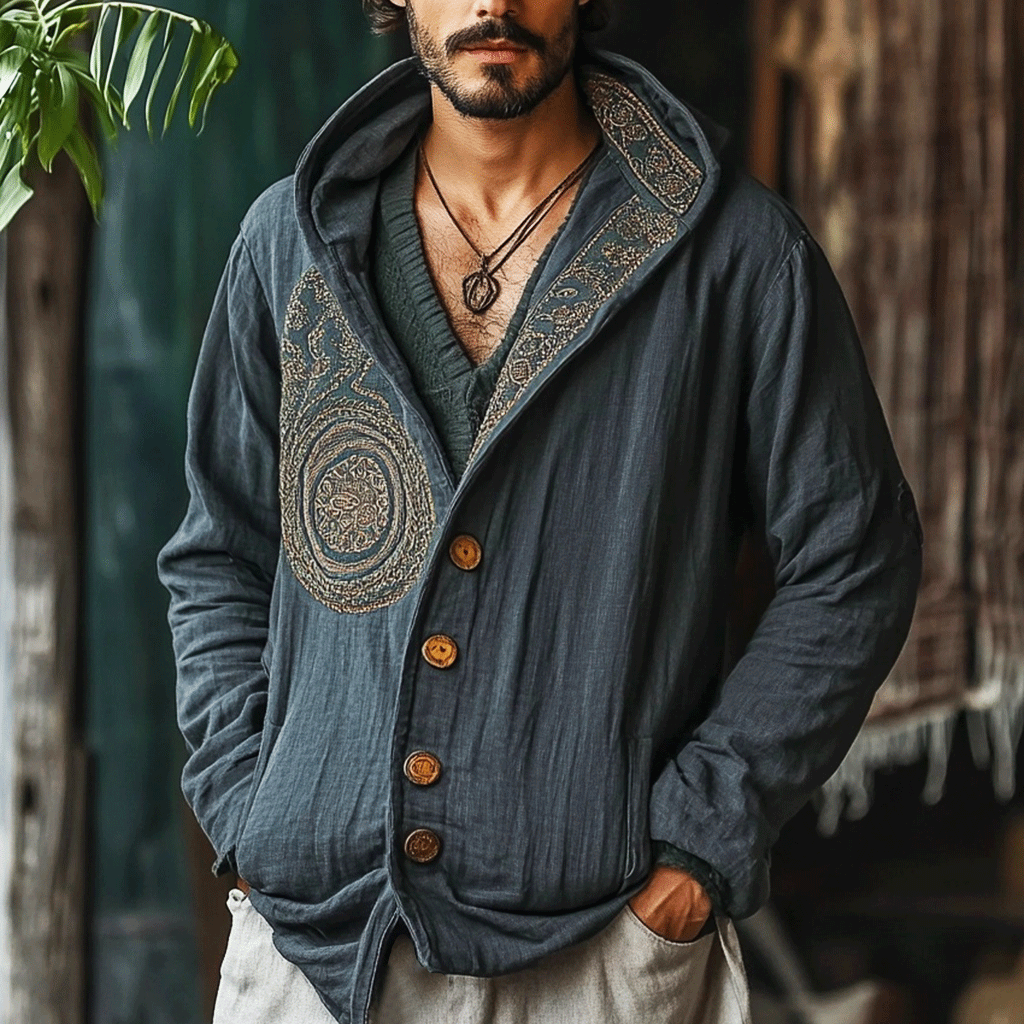 Men's Linen Aztec Hooded Jacket-inspireuse