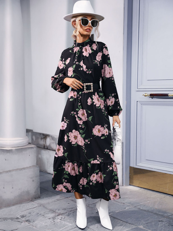 Mature Women Autumn And Winter Fashion Casual Printed Long Sleeve Maxi dress