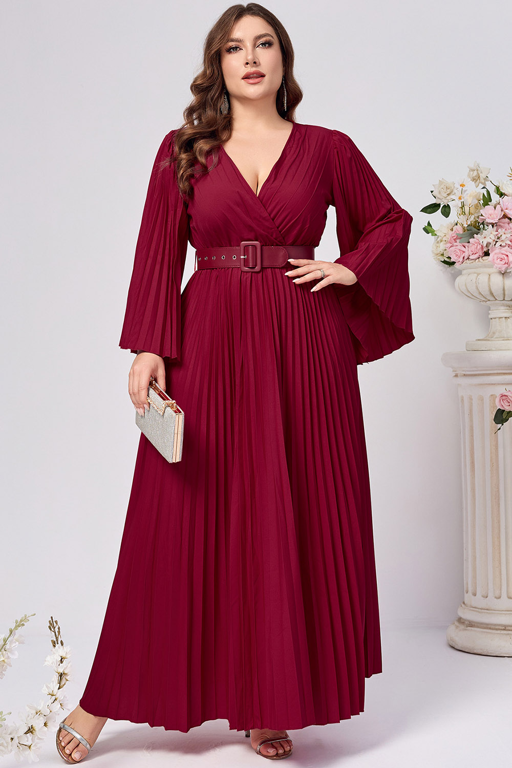 Plus Size Wedding Guest Burgundy Flare Sleeve Wrap Pleated Belt Maxi Dress