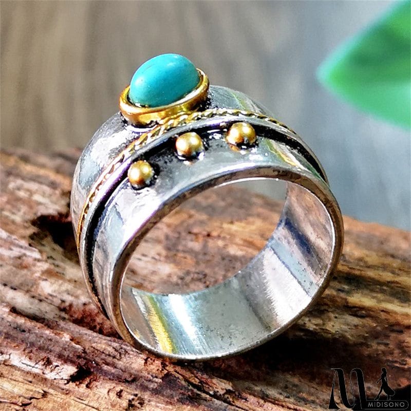 MidiSono - Classic Neutral Turquoise Inlay Gold Border Finger Ring