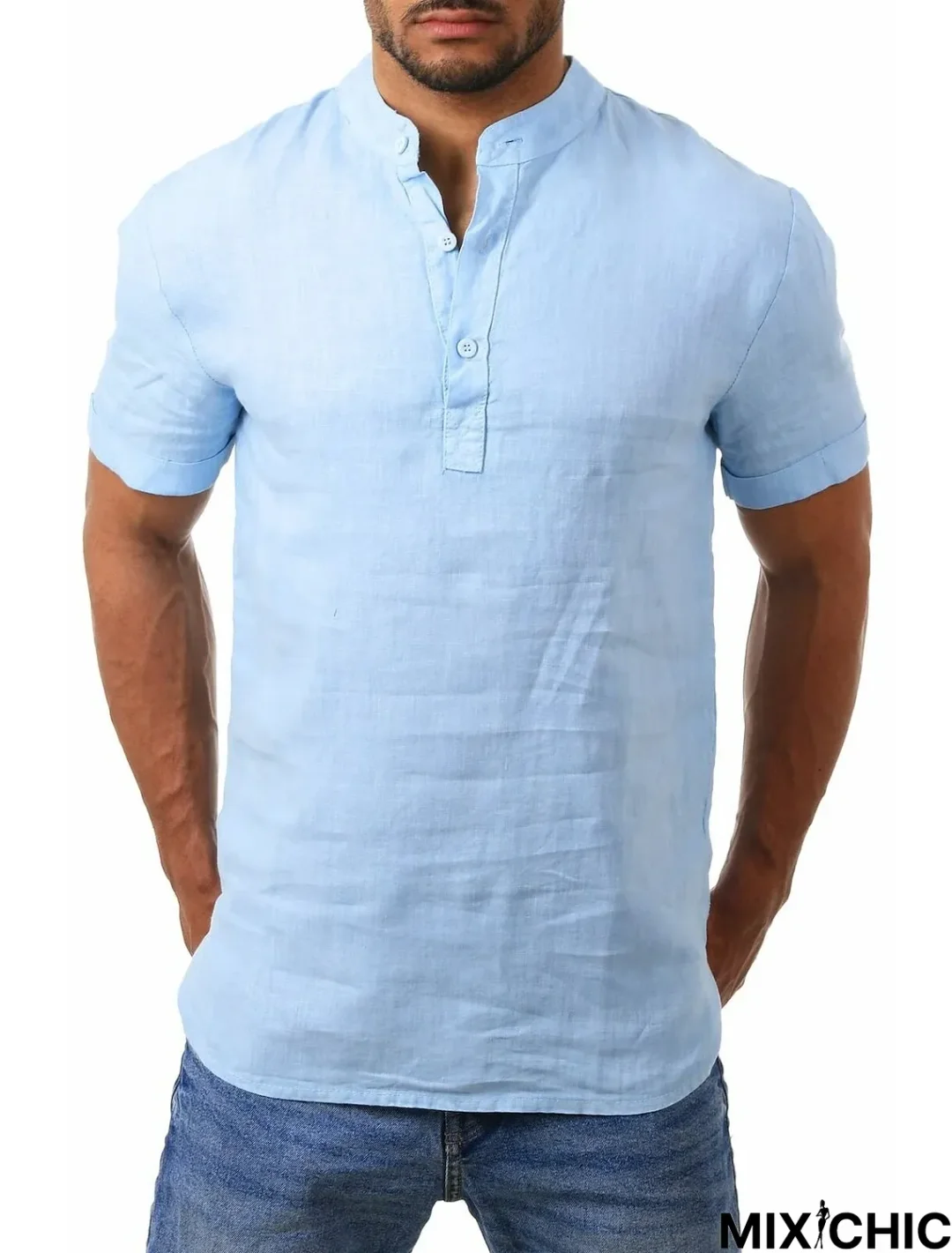 Men's Shirt Solid Color Short Sleeve Street Tops Cotton Lightweight Casual / Sporty Breathable Henley Light Blue Khaki White / Beach Linen