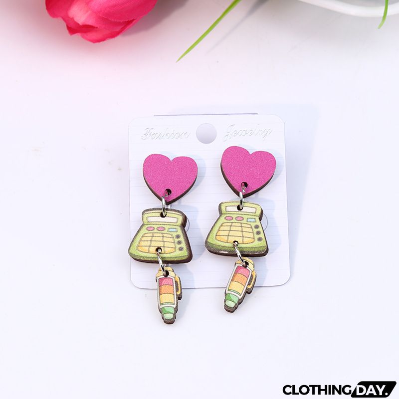 Women's Creative Fashion Wood Printing Pencil Stripe Heart Earrings