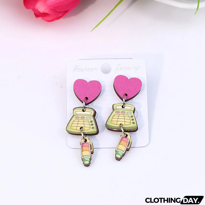 Women's Creative Fashion Wood Printing Pencil Stripe Heart Earrings
