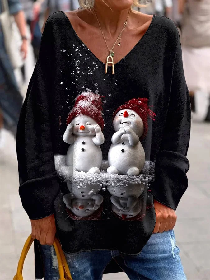 Women's Christmas Snowman Print V-Neck Long Sleeve Top