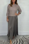Women's Elegant Solid Color Long Sleeve Jumper & Pleated Bottom Dress