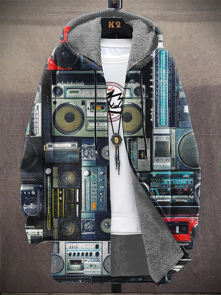 Men's Vintage Stereo Speakers Art Print Fleece Lined Hooded Trench Coat