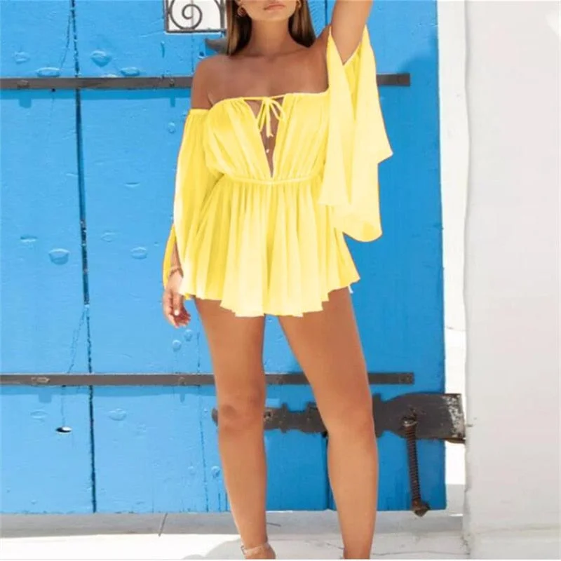 wsevypo Women Off-shoulder Halter Tie-up Dress Sexy Solid Long Slit Sleeve Mini Pleated Beach Dress Party Club Evening Wear