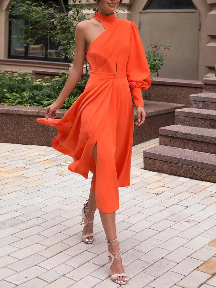 Fashion Solid Color One-shoulder Long-sleeved Dress