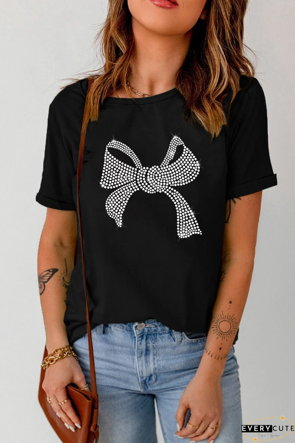 Rhinestone Bow Graphic Round Neck Short Sleeve T-Shirt