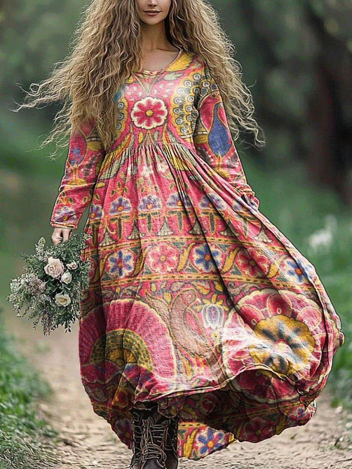 Women's Retro Floral Print Pocket Cotton Dress