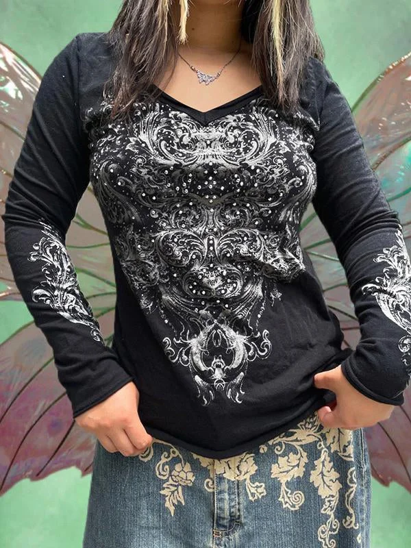 Vintage V Neck Printed Long Sleeve Shirt