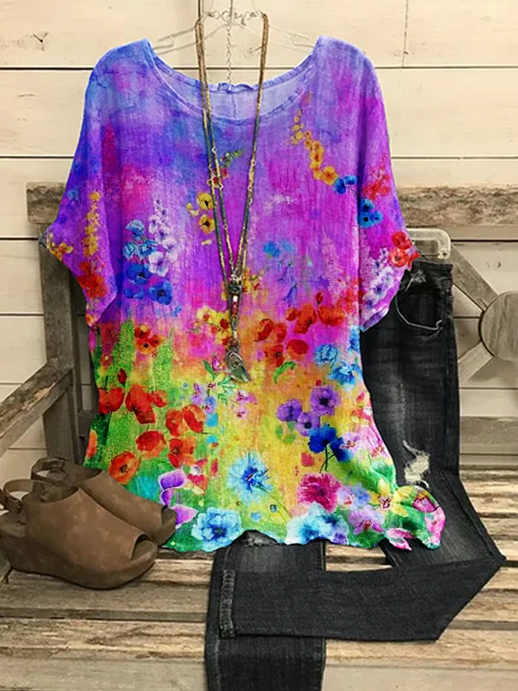 Women's Colorful Flowers Cotton And Linen Short Sleeve Top