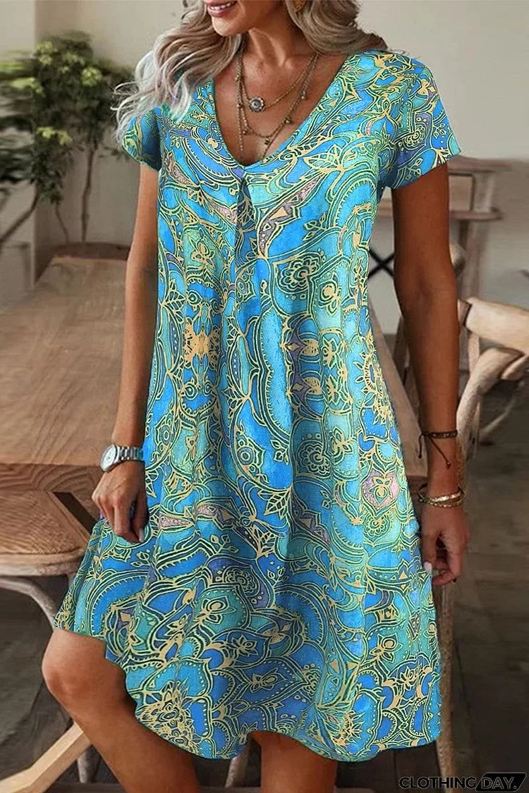 Casual Print Patchwork V Neck A Line Short Sleeve Dress