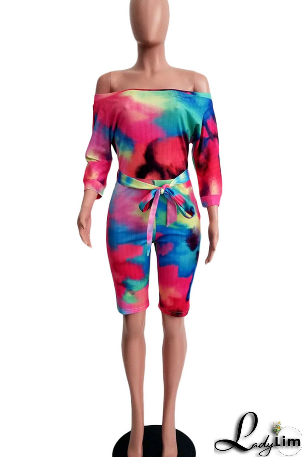 Tangerine Red Casual Print Tie Dye Bandage Split Joint Off the Shoulder Straight Jumpsuits