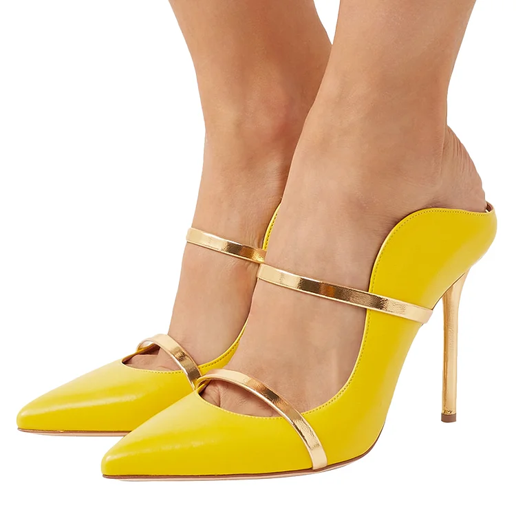 Yellow Pointy Toe Stiletto Shoes Gold Straps Mule Heels for Women |FSJ Shoes