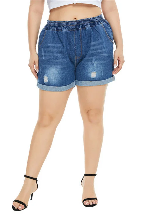 Women Plus Size Denim Shorts Summer High Waist Blue Denim Shorts for Women