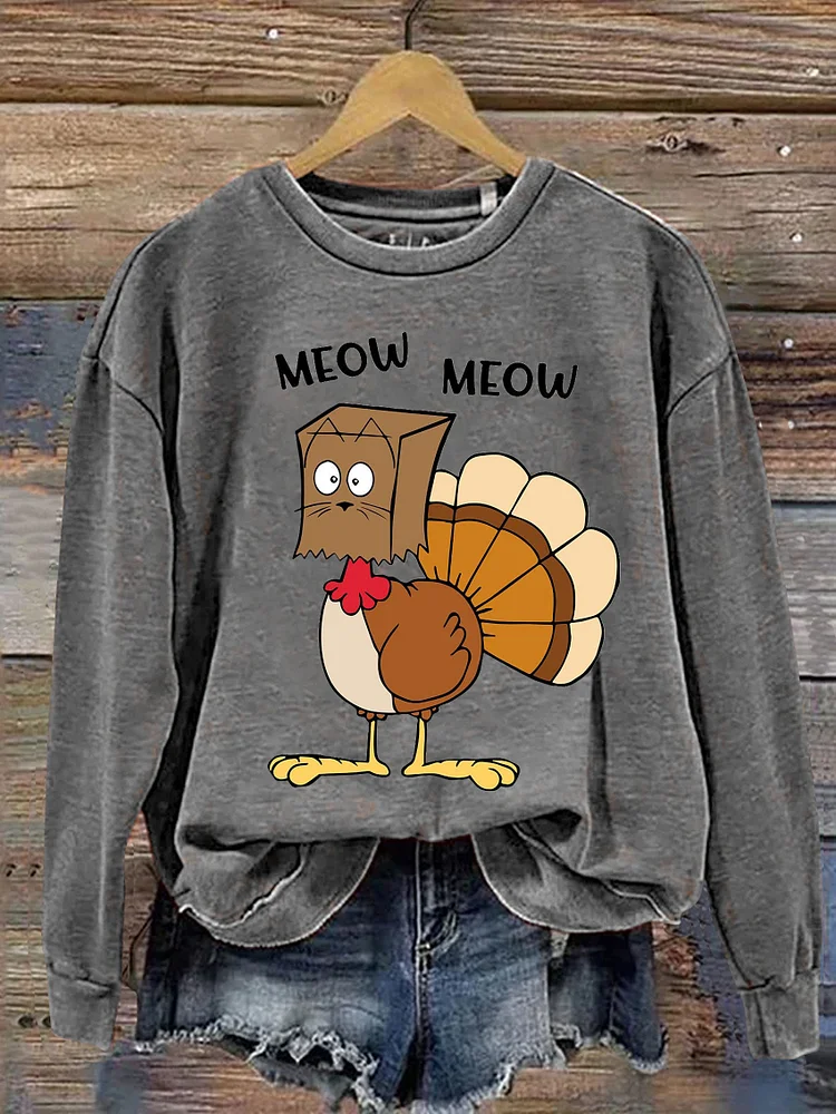 Meow Meow Funny Turkey Thanksgiving Day Print Casual Sweatshirt socialshop