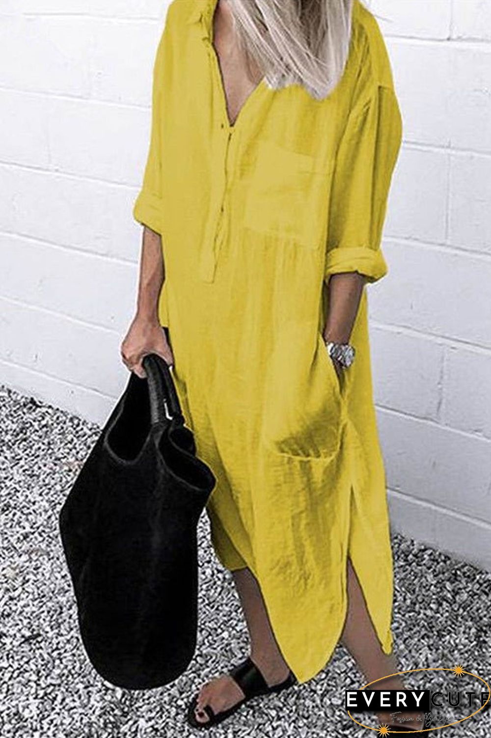 Casual Solid Color Split Shirt Dress