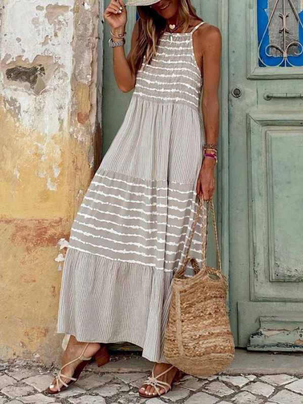 Grey Stripe Print Slip Maxi Holiday Beach Dress