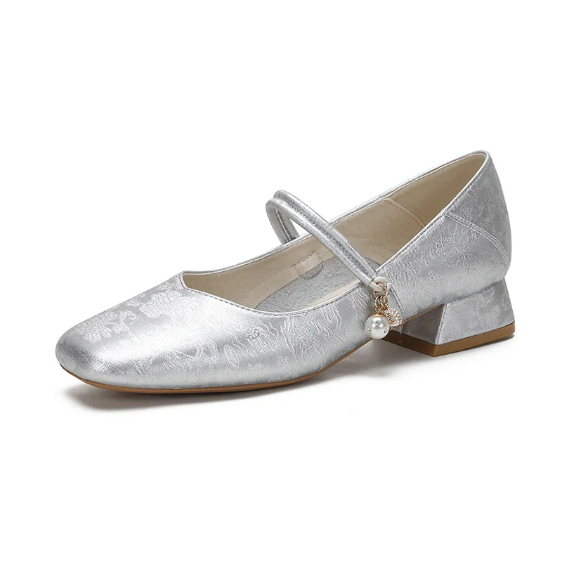 Uveng Uveng Head Mary Jane Shoes Female 2024 New Summer Fairy Wind Elegant In Thick Heel Gentle Silver Single Shoes With Skirt