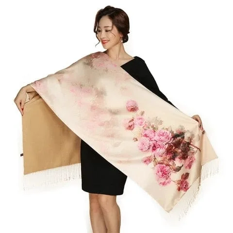 pornhint Pornhint RUNMEIFA Pastoral Style Pashmina Two Sides Wear Women Scarves Silk Cashmere Scarf Retro National Tippet Warm Print Shawl Scarf