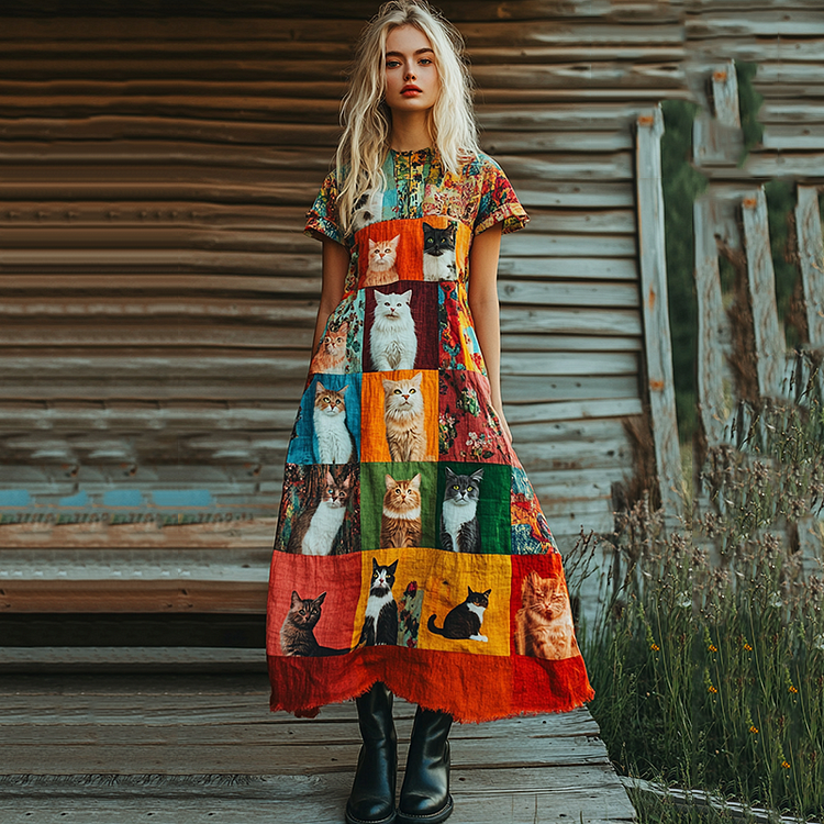 Simpfit Pop Art Süßes Katzen Patchwork Design Baumwoll-Leinen-Kleid