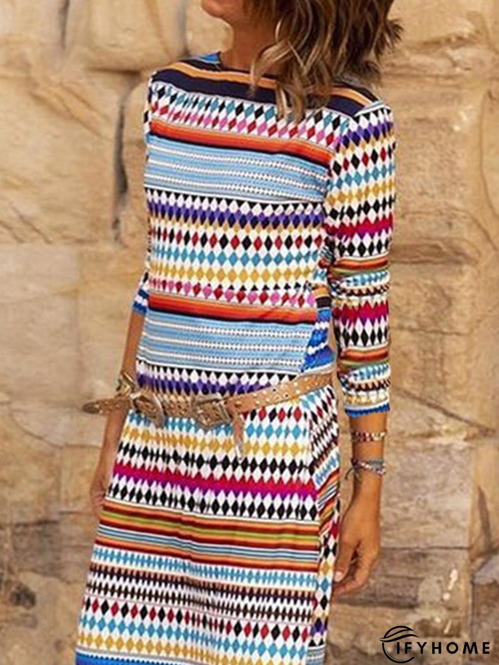 Vintage Geometric Printed Crew Neck Color-Block Long Sleeve Casual Knitting Dress | IFYHOME