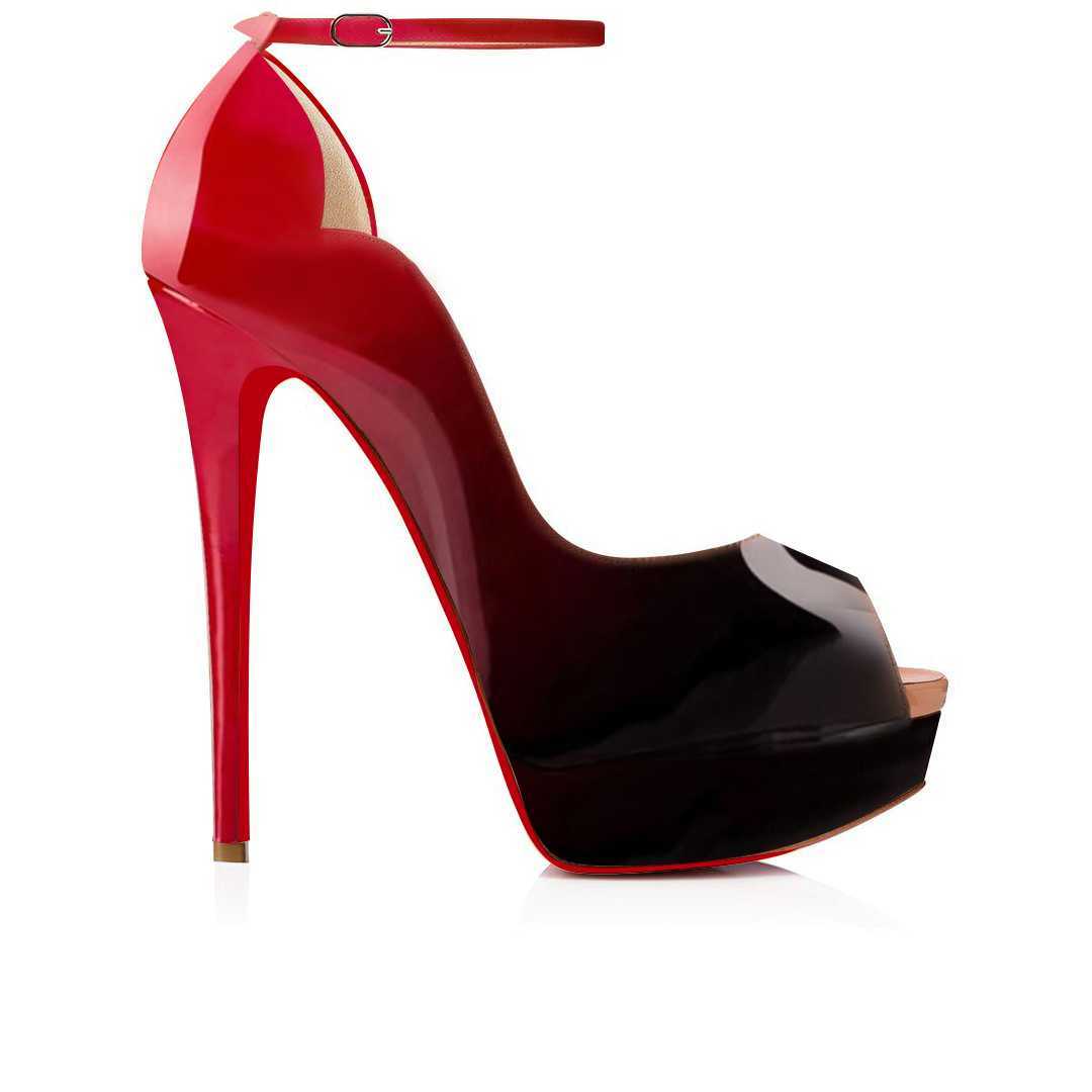 150mm  Red Bottom Gradient Color Sky High Platform Ankle strap Pumps Red Black Patent-MERUMOTE