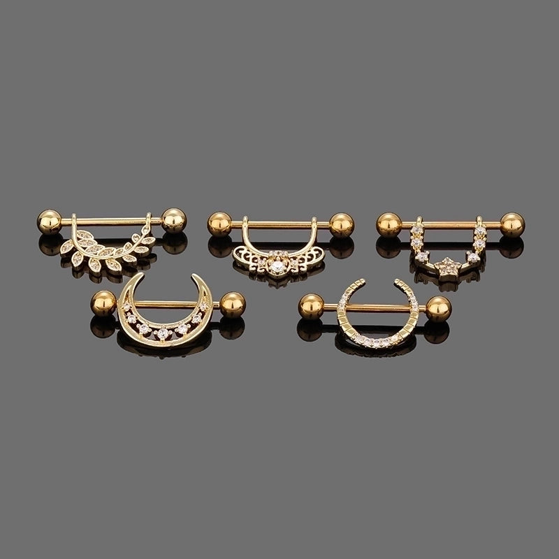 1 Piece Nipple Rings & Studs Sexy Modern Style Star Moon Leaves 316L Stainless Steel  Hollow Out Inlay Zircon 14K Gold Plated Nipple Rings & Studs