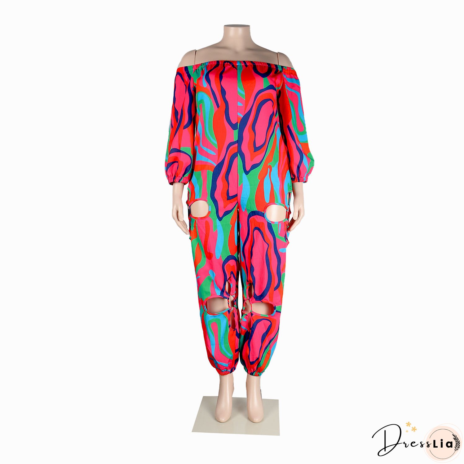 Sexy Slim Low Back Crochet Print Plus Size Jumpsuit