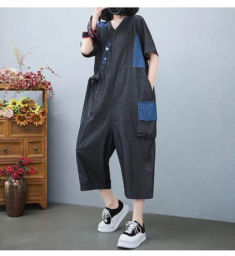 Literary Loose Splicing Drawstring Denim Jumpsuit