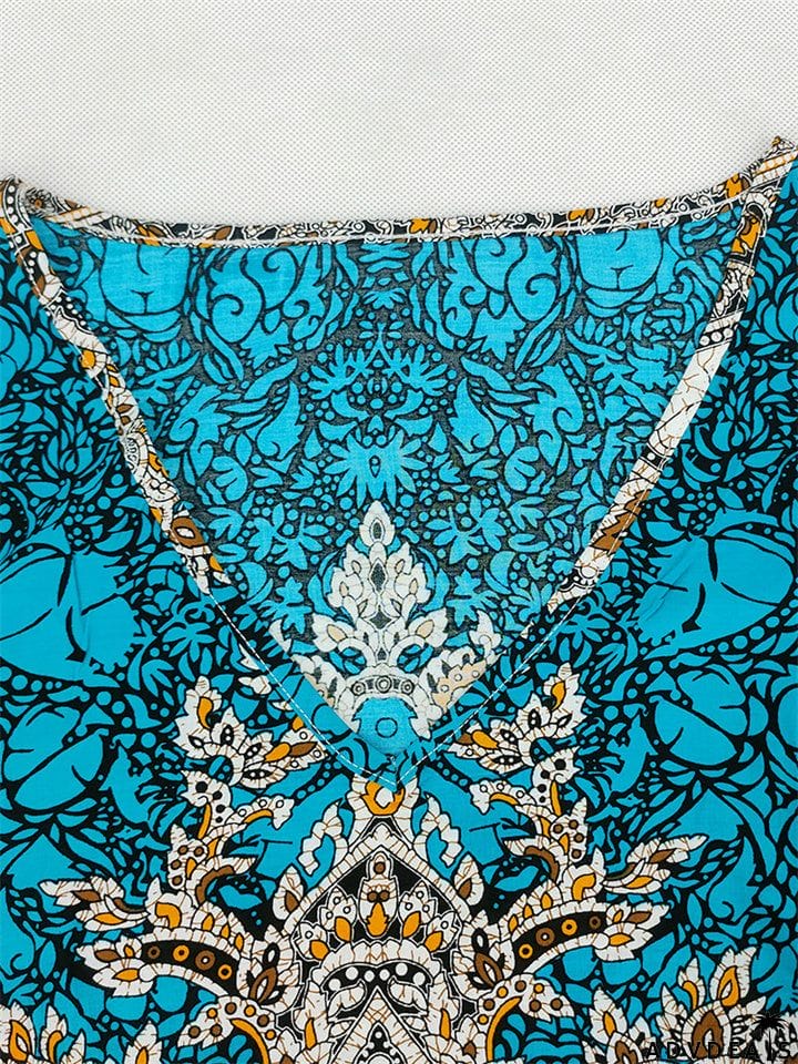 Blue Short Sleeve V-Neck Floral Moo Moo Dress