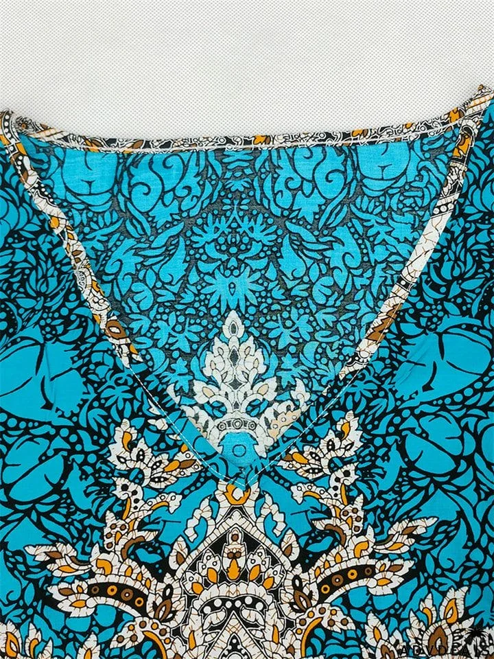 Blue Short Sleeve V-Neck Floral Moo Moo Dress