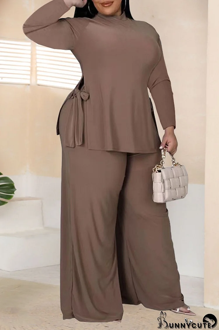 Brown Casual Solid Bandage Patchwork Slit Half A Turtleneck Plus Size Two Pieces