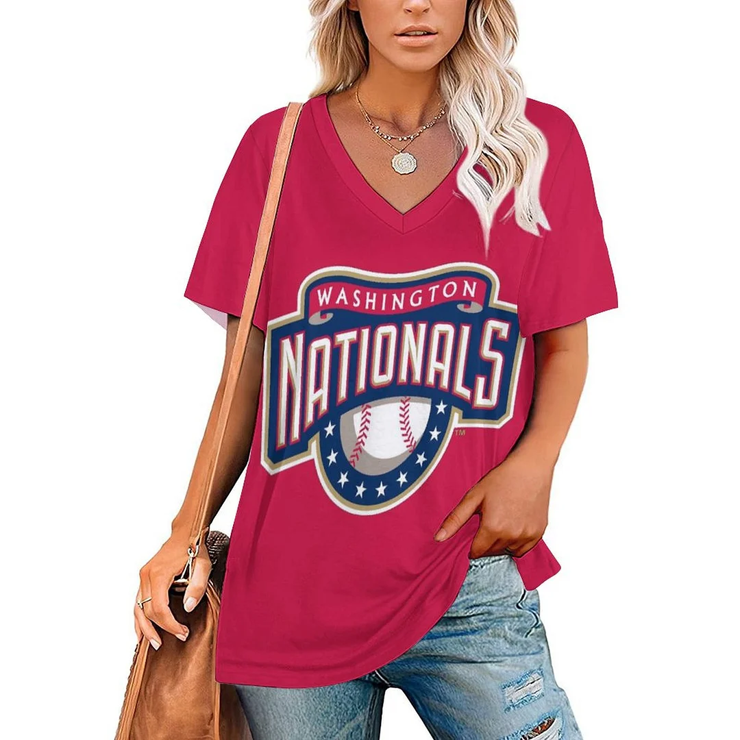 V-neck Short Sleeve Casual T-shirt for  Women Printed with Pattern , Blue, Red