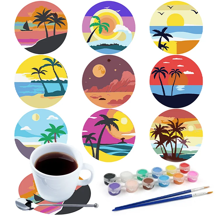 9pcs Anti Slip Coasters DIY Oil Painting Coasters for Coffee Mugs (Coconut Tree)