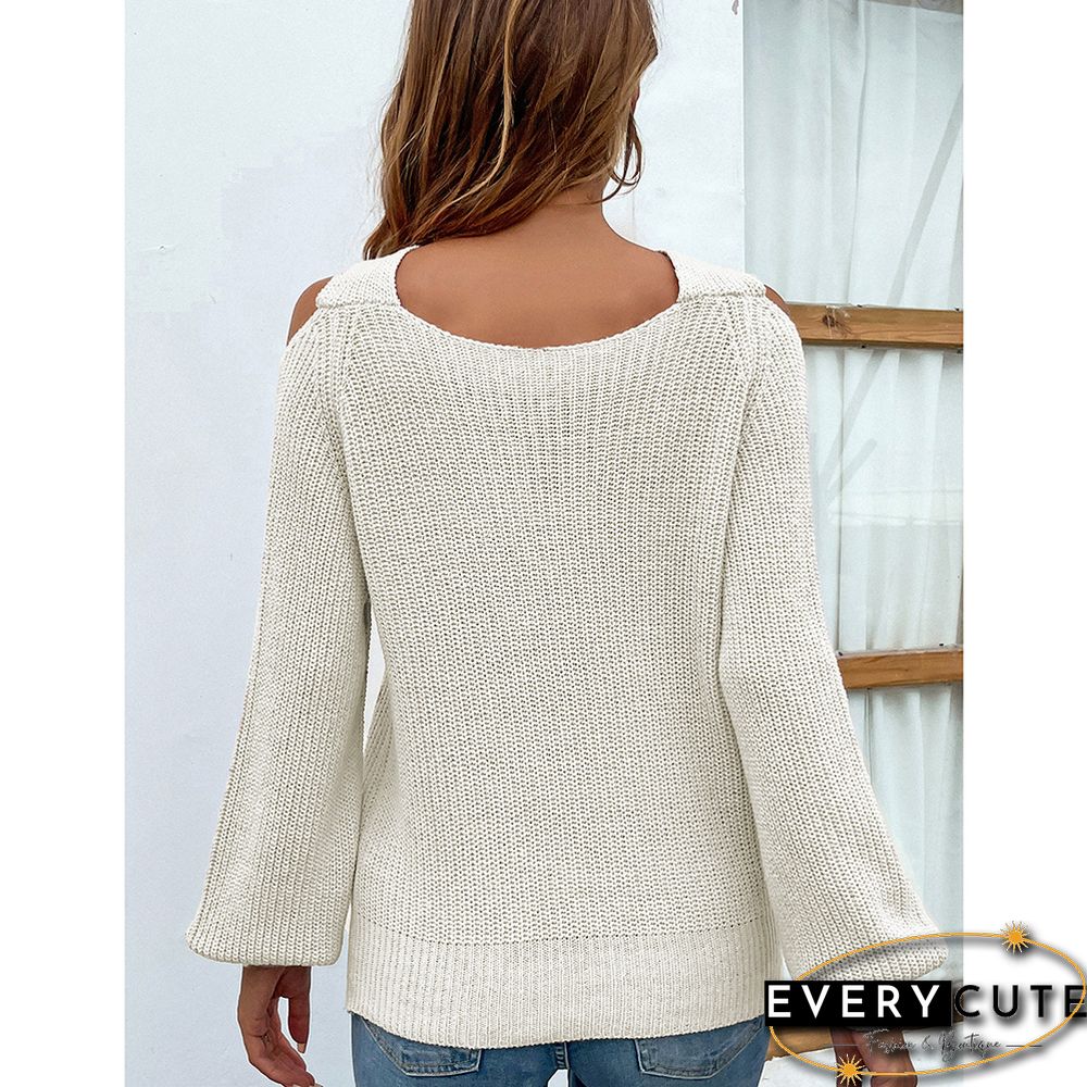 Beige Cross Halter Puff Sleeve Knit Sweater