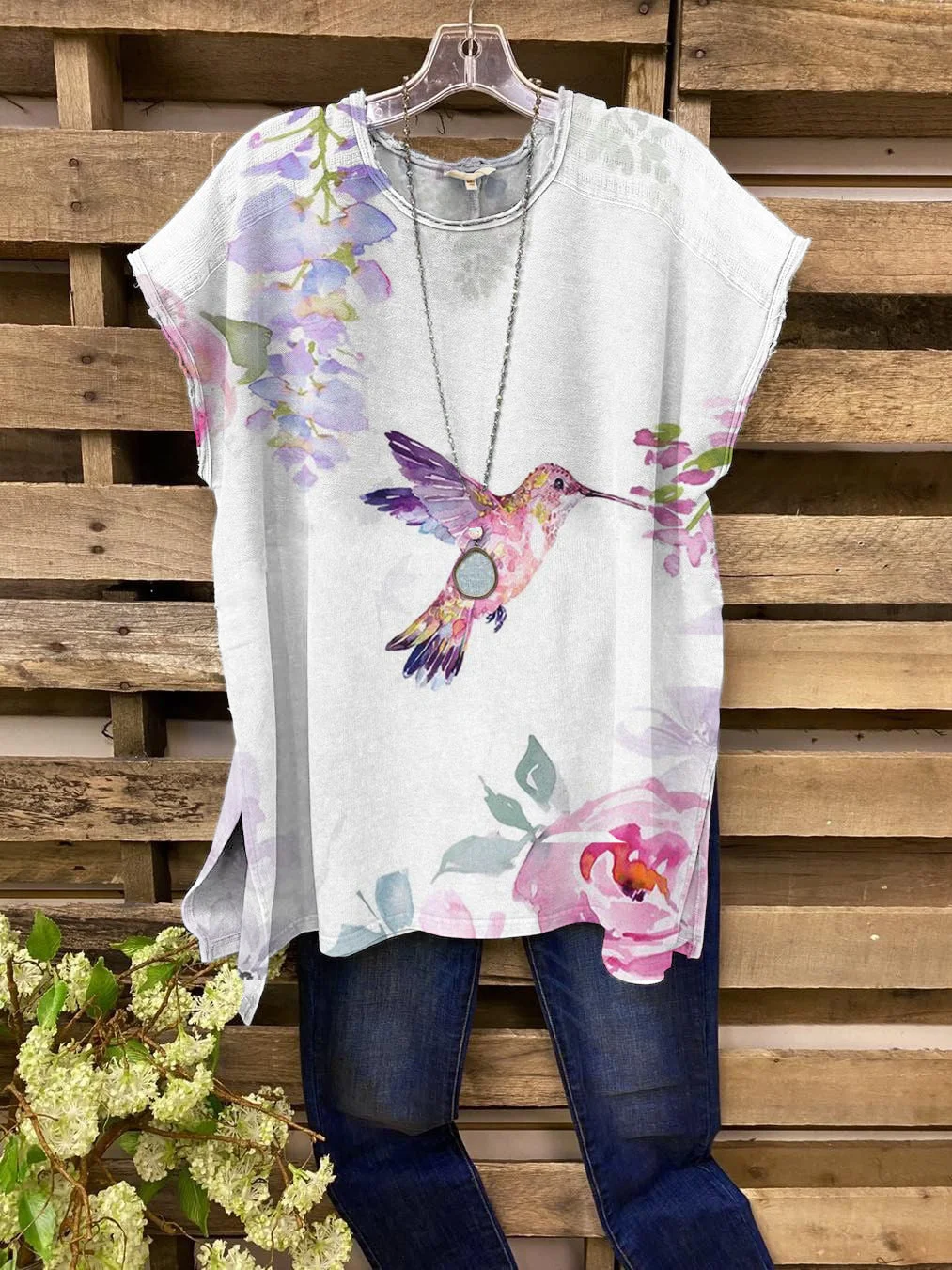 Female Hummingbird Watercolor Printed Linen Casual Short Sleeve