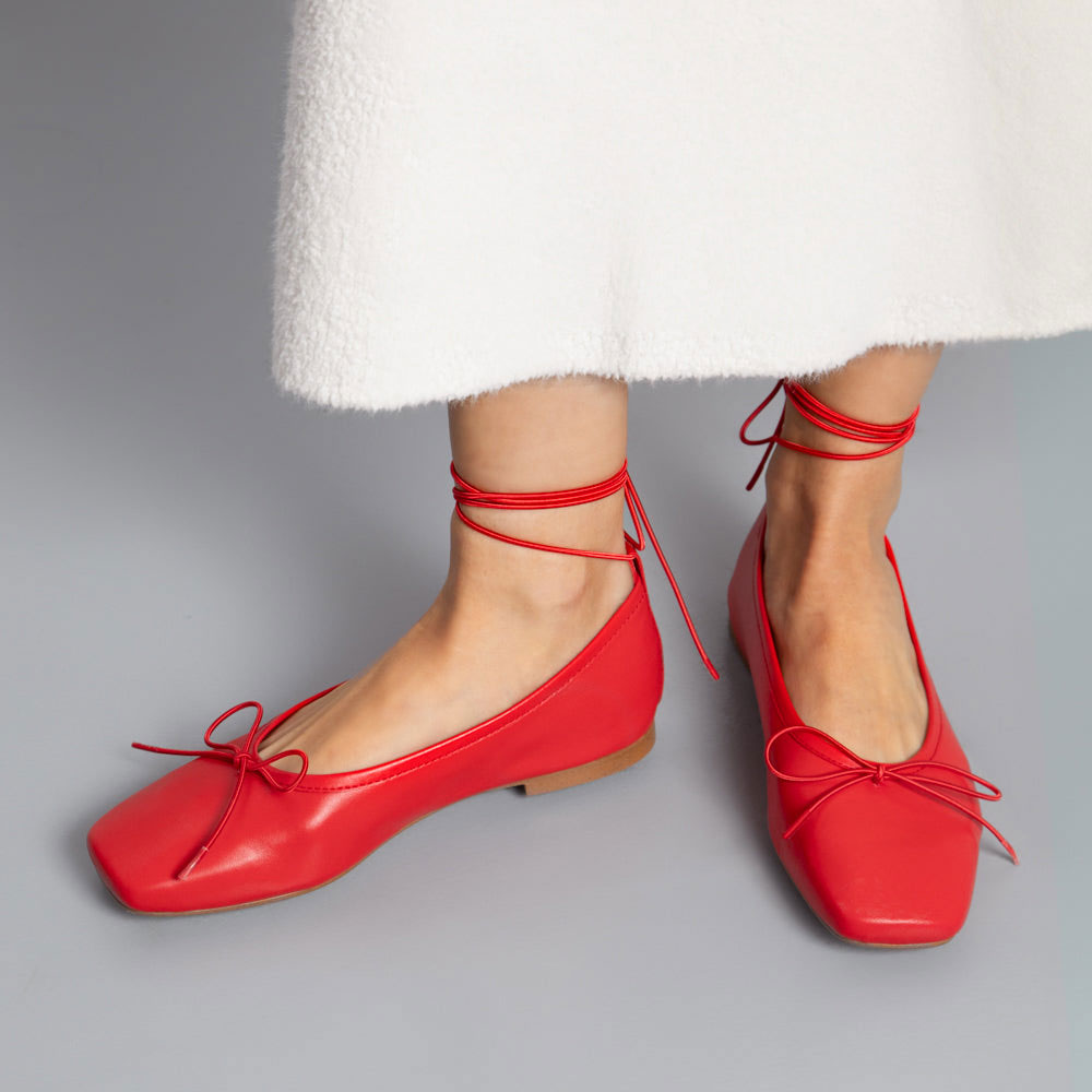 Women's Red Vegan Leather Square Toe Lace-Up Comfy Flat Ballerinas Nicepairs
