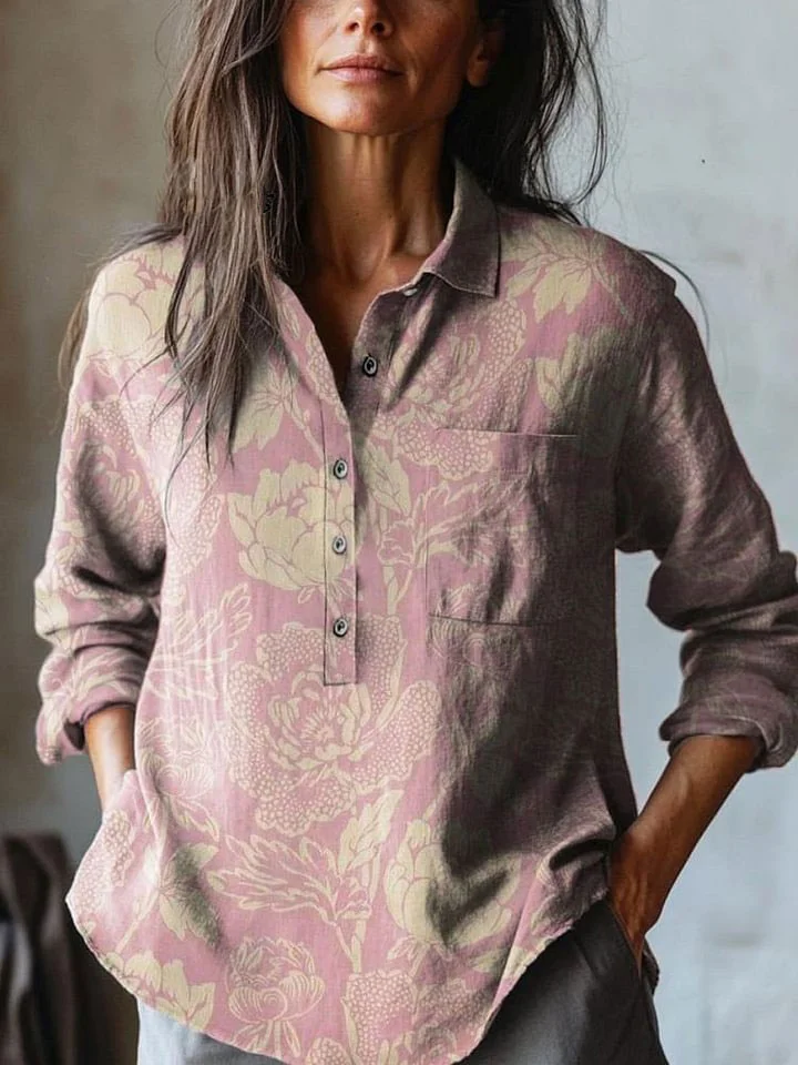 Women's Vintage Lovely Floral Art Print Casual Cotton And Linen Shirt