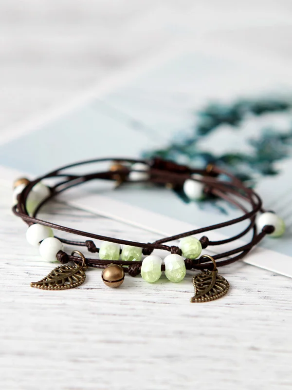 Original National Handmade 7 Colors Ceramic Bead Alloy Leaf Bracelet